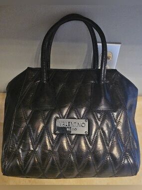 Valentino Black Quilted Leather Satchel with Logo Plaque